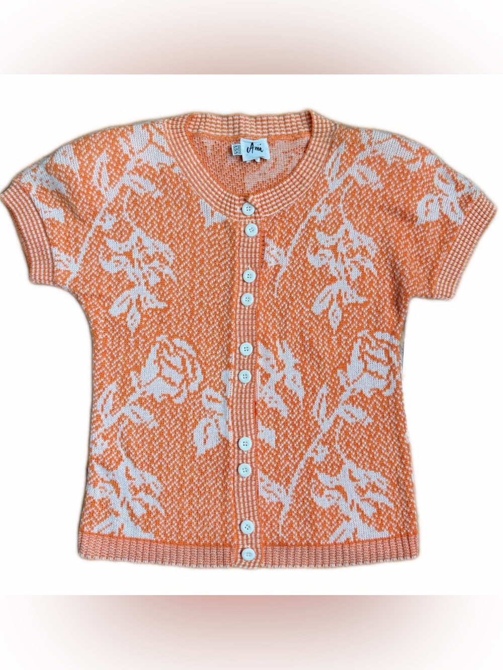 Vtg 80s 90s AMI KNITS Floral Cardigan Orange White Grandmacore Made in USA S/M